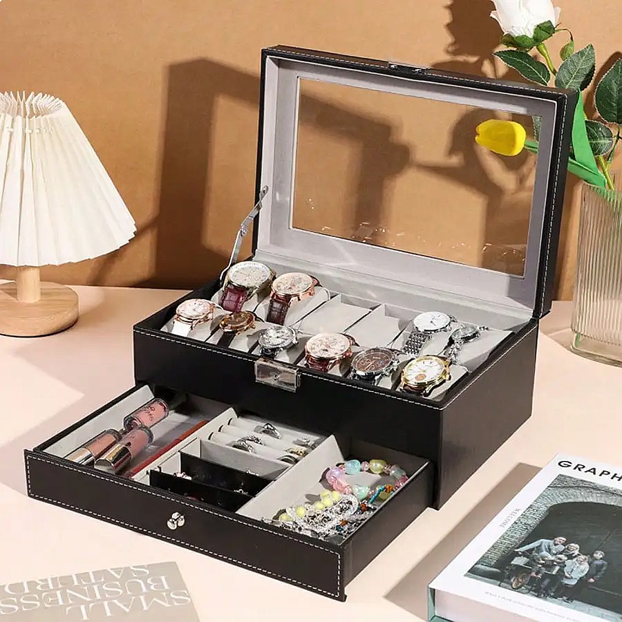 12-Slot Watch Box with Drawer, - огляд і ціна Watch Display Box