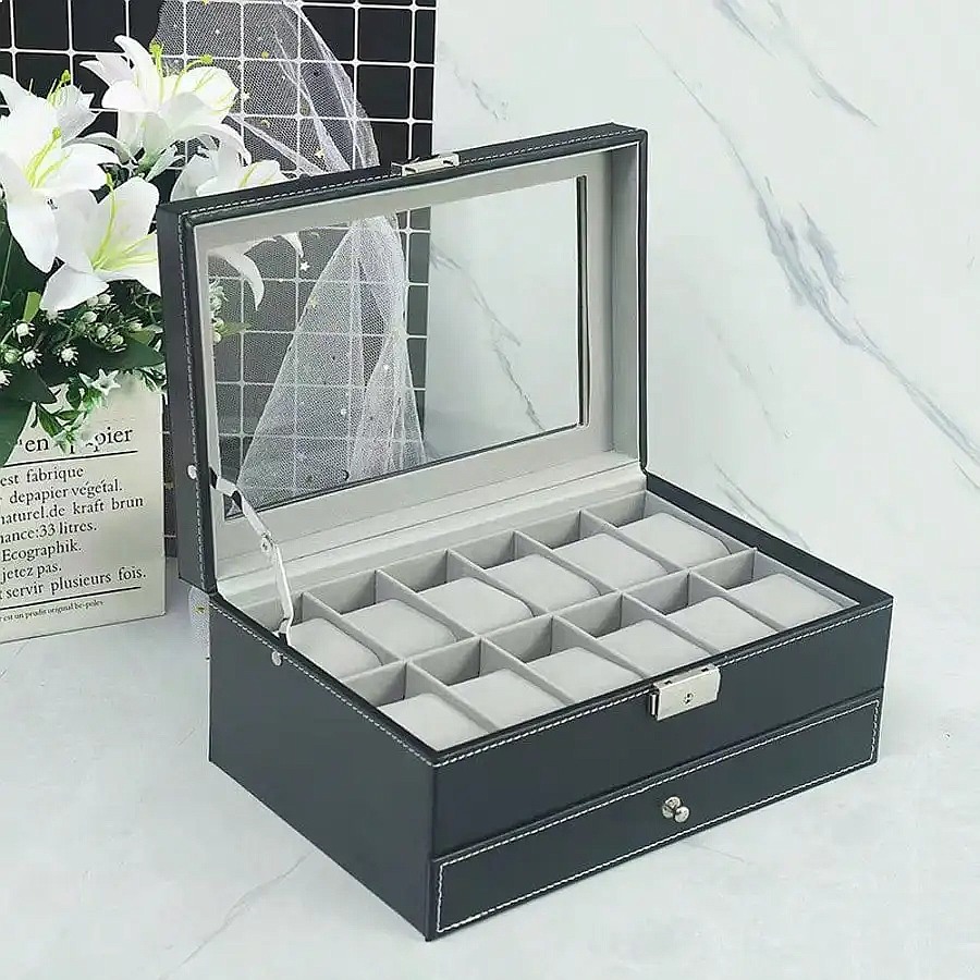 12-Slot Watch Box with Drawer, - огляд і ціна Watch Display Box